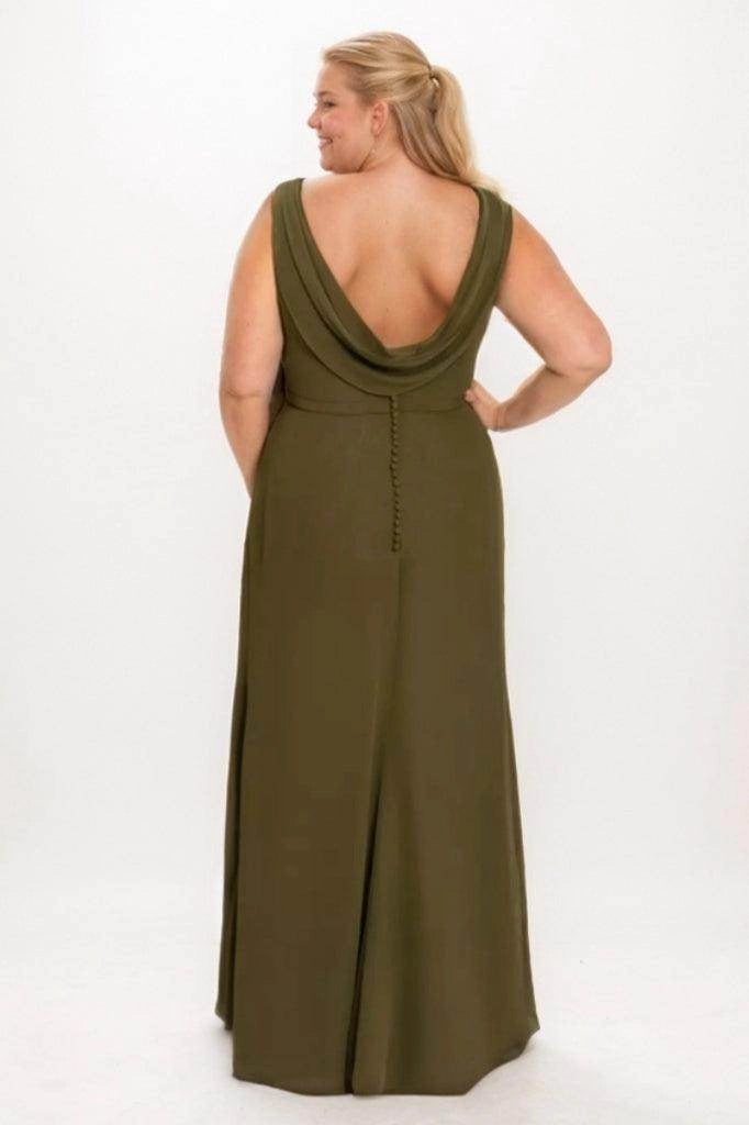 Back view of a Roselledress olive green bridesmaid dress featuring a low draped cowl back, fabric-covered buttons and a floor-length skirt.