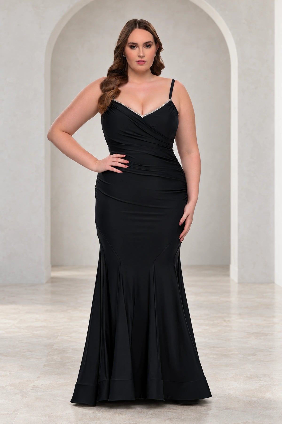 Elegant Jersey Mermaid V-Neck Sleeveless V-Back Floor-Length Plus Size Prom Dress