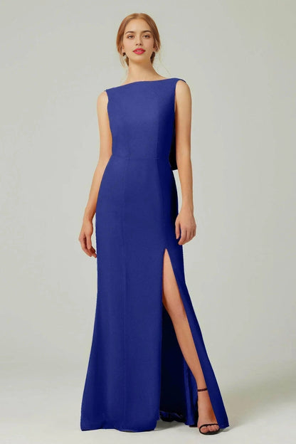 Plus Size Elegant Sheath Bateau Sleeveless Cowl Back Floor Length Bridesmaid Dress