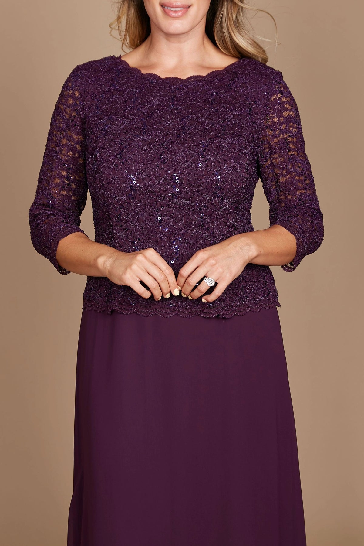 Plum A-Line Bateau-Neck Three-Quarter Sleeve V-Back Long Mother of the Bride Dress
