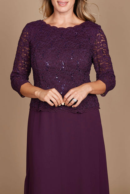 Plum A-Line Bateau-Neck Three-Quarter Sleeve V-Back Long Mother of the Bride Dress