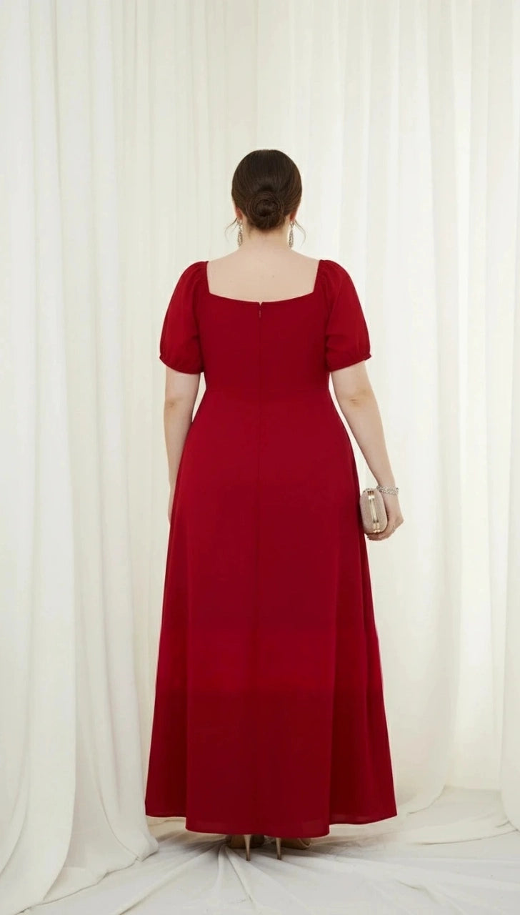 Red A-line mother of the bride dress with square back neckline and center-back zipper, back view