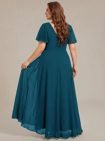 Elegant Plus Size A-Line V-Neck Flutter-Sleeve V-Back Maxi Mother of Bride Dress