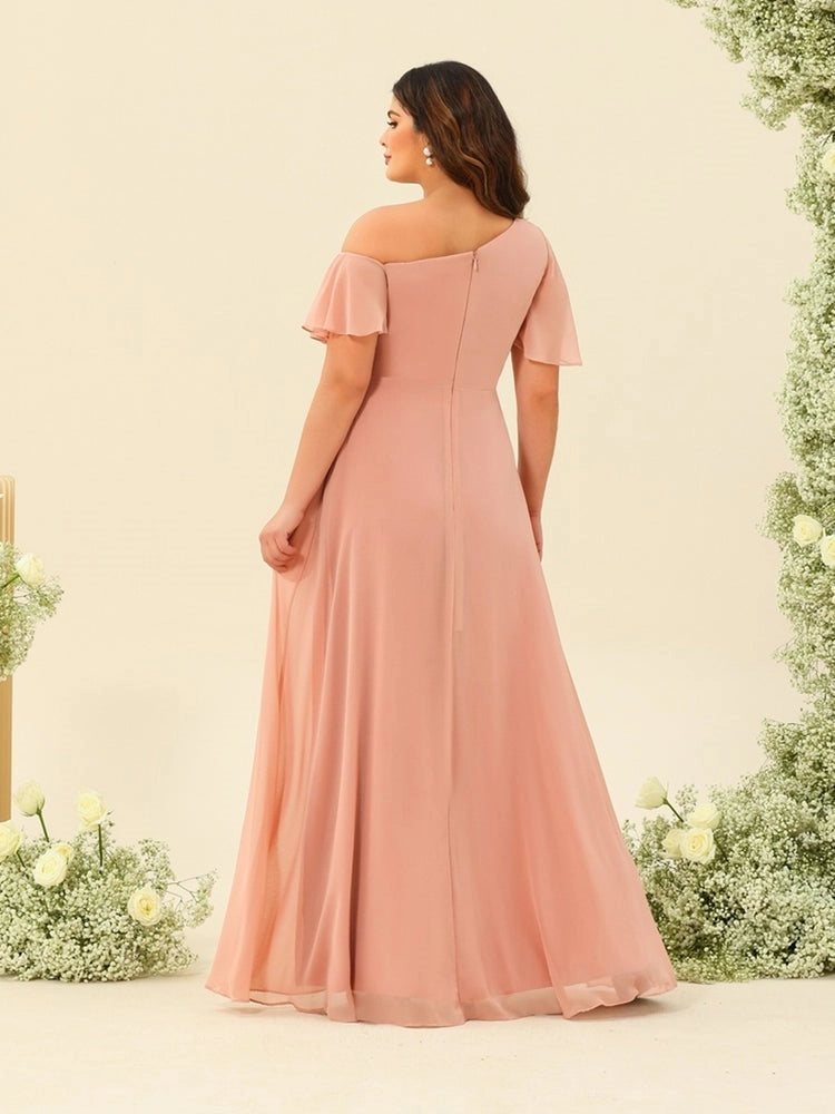 roselledress blush pink curvy bridesmaid dress asymmetrical cold shoulder hidden zip back flowy chiffon maxi gown back view