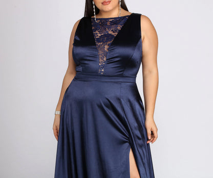 Plus Size Navy Satin A-Line Illusion Lace Sleeveless Slit Long Wedding Guest Dress