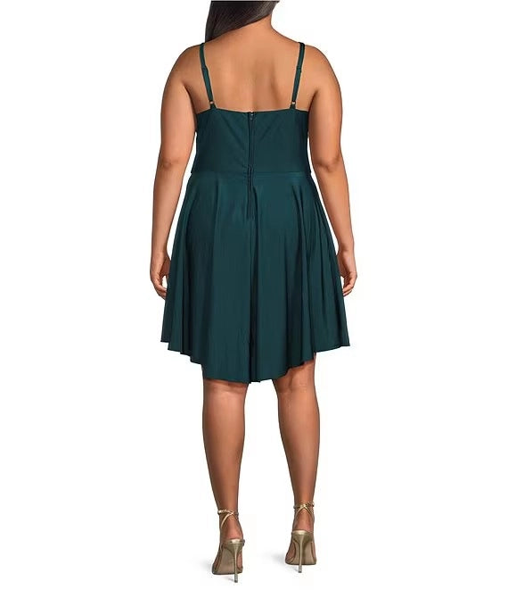 Plus size emerald green homecoming dress with thin spaghetti straps and center back zipper