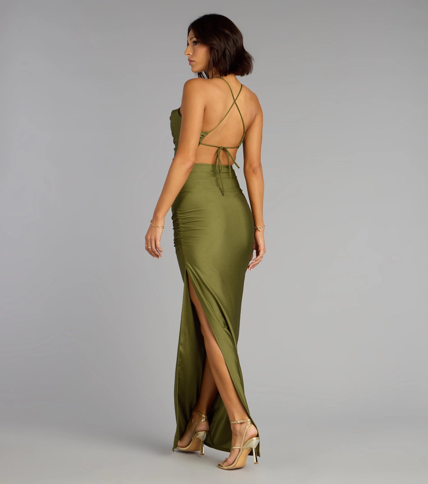Roselledress olive green cross tie back satin dress open back spaghetti strap evening prom gown with side slit