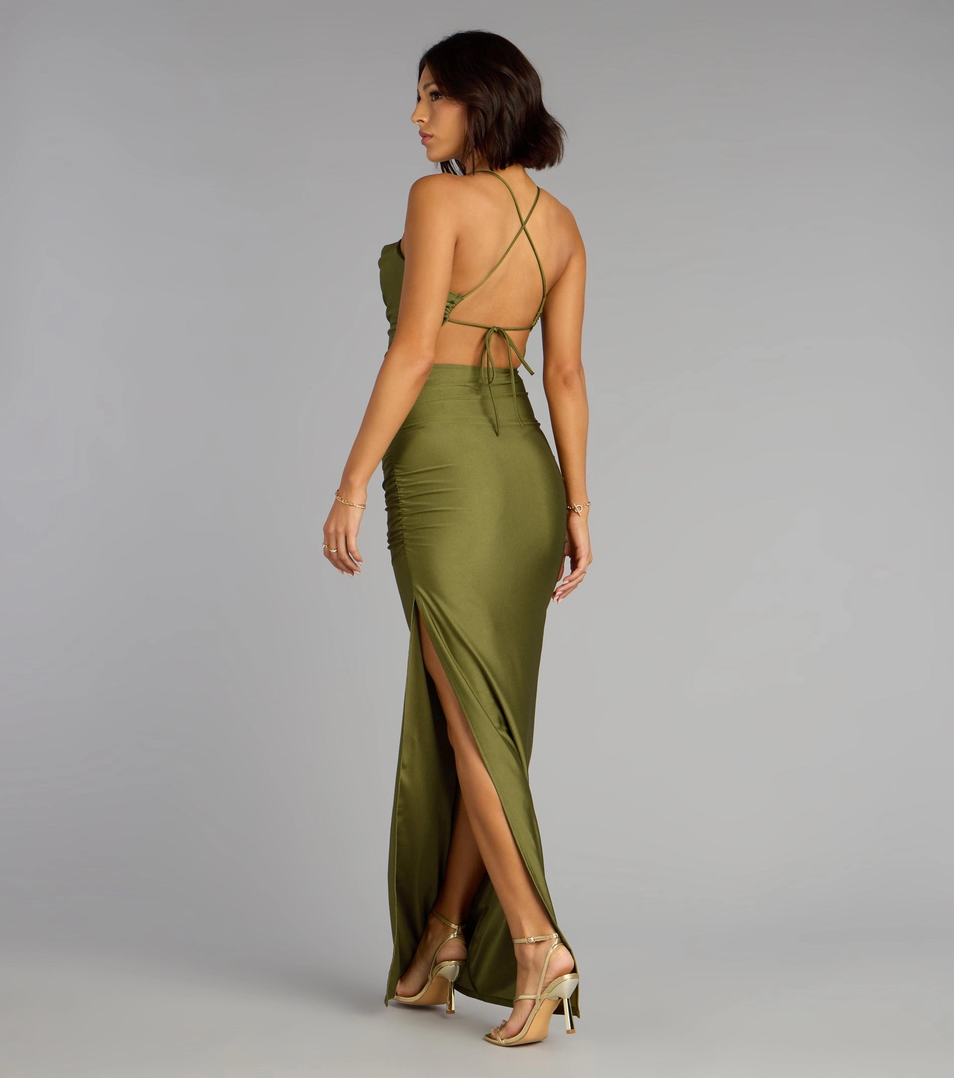 Roselledress olive green cross tie back satin dress open back spaghetti strap evening prom gown with side slit