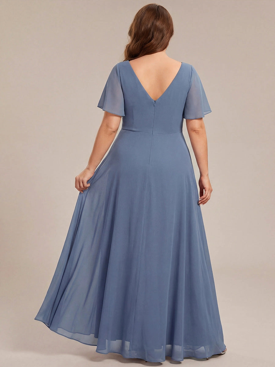 Elegant Plus Size A-Line V-Neck Flutter-Sleeve V-Back Maxi Mother of Bride Dress