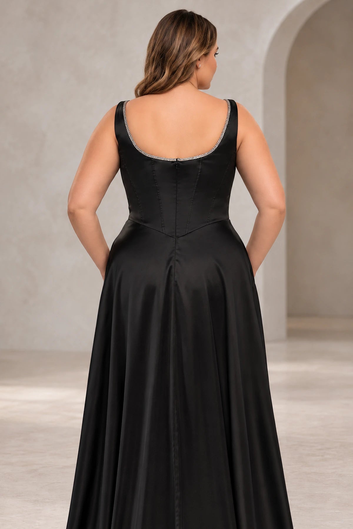 Plus Size Elegant Satin A-Line Square-Neck Sleeveless Scoop-Back Floor-Length Prom Dress