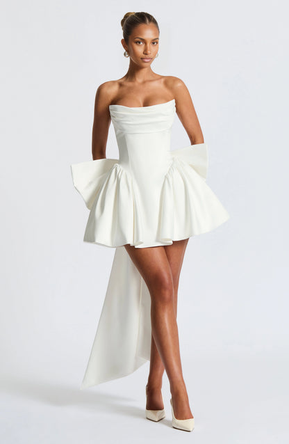 roselledress white satin strapless a line mini wedding dress front view
