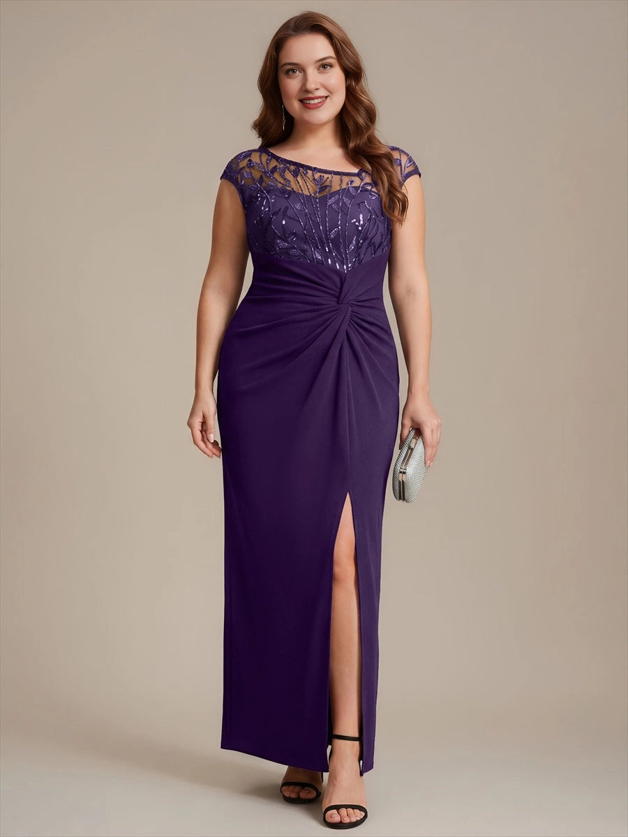 Elegant Sheath Bateau Neck Cap Sleeve Sheer Back Floor-Length Mother of the Bride Dress