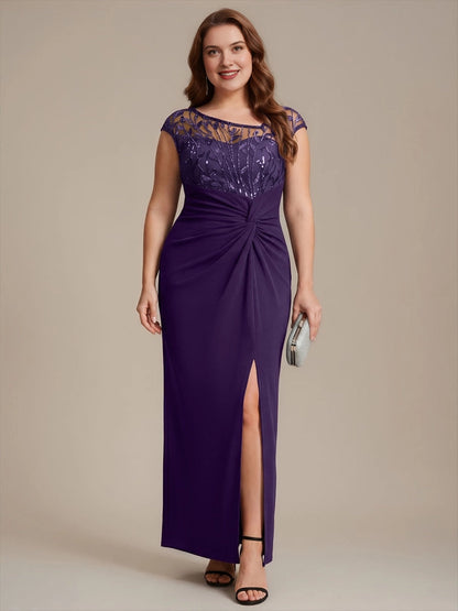 Elegant Sheath Bateau Neck Cap Sleeve Sheer Back Floor-Length Mother of the Bride Dress