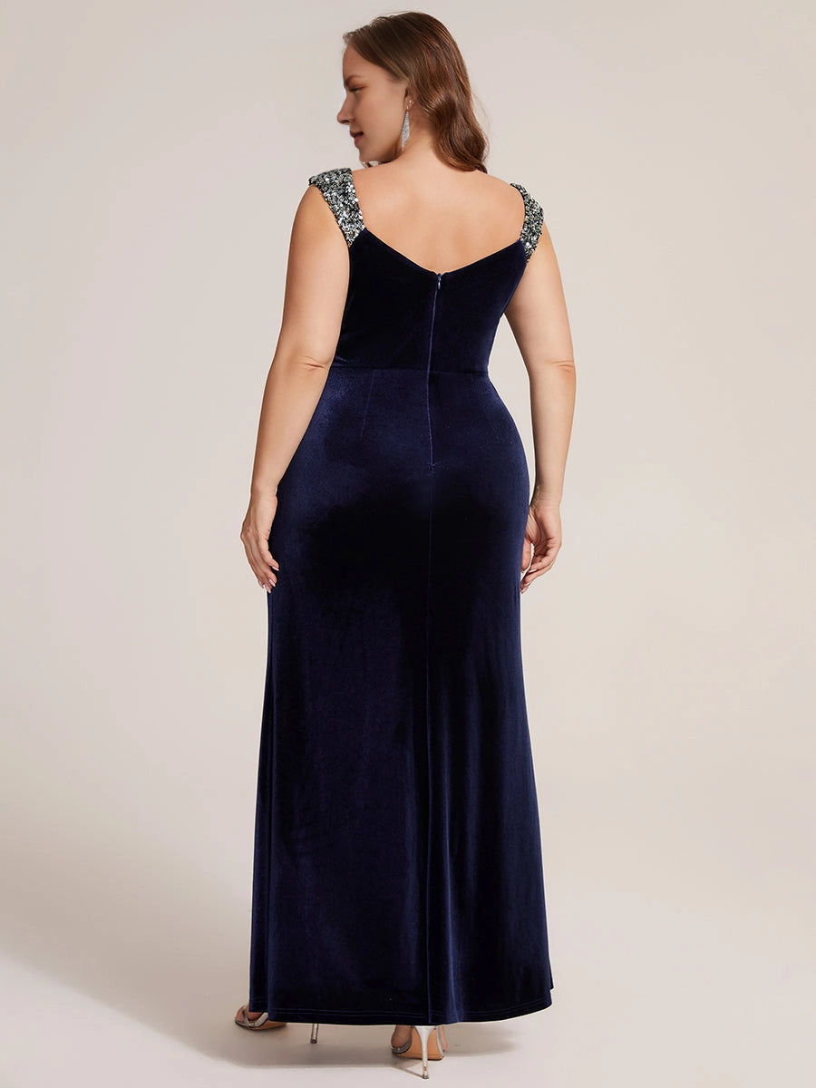 Glam Mermaid V-Neck Beaded Strap Zipper Back Slit Floor-Length Plus Size Prom Dress