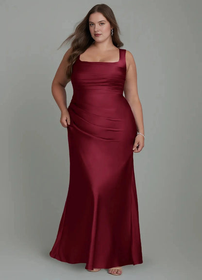 Elegant Mermaid Square-Neck Sleeveless Lace-Up-Back Floor-Length Plus Size Bridesmaid Dress