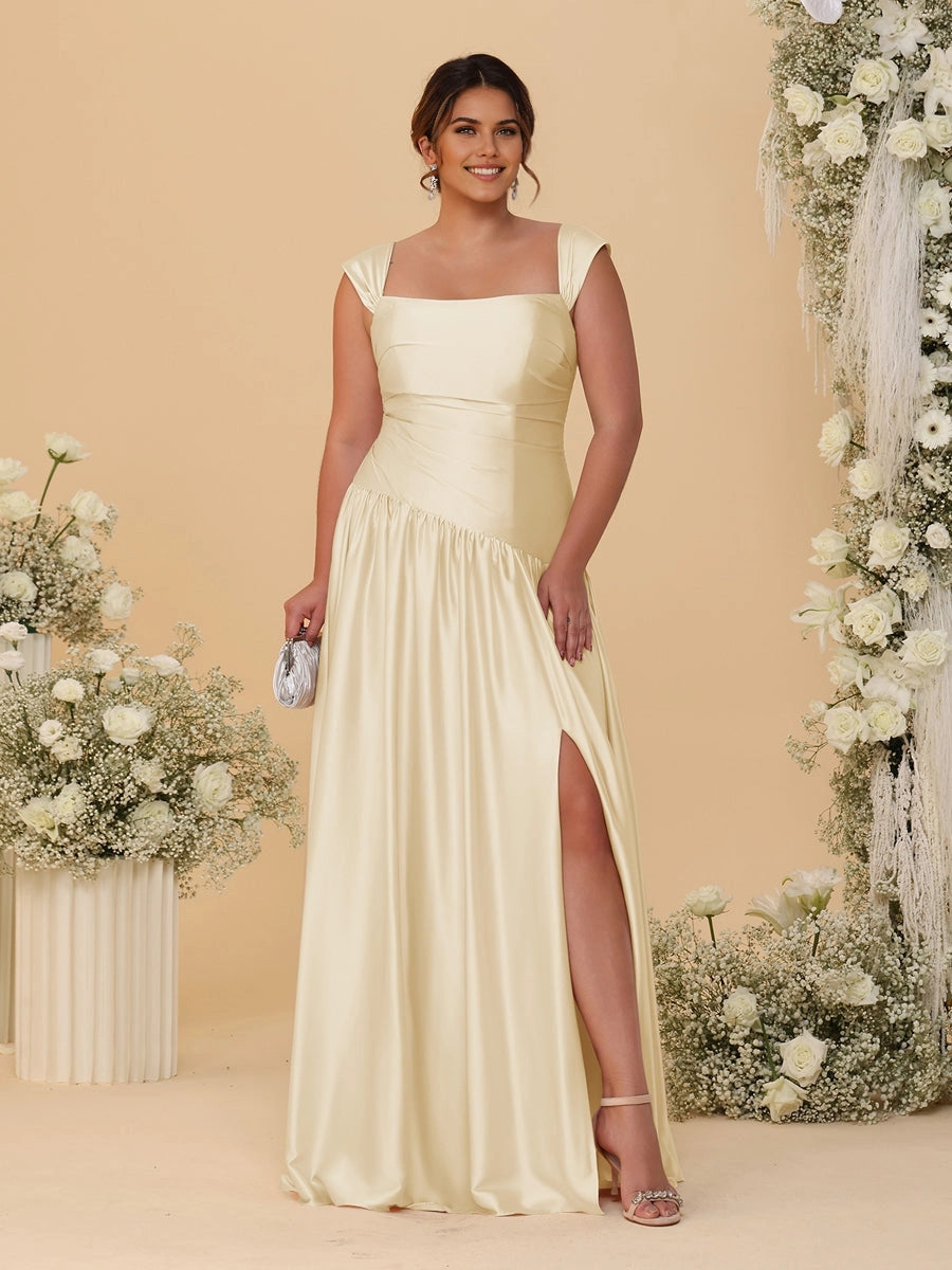 Stunning Champagne A‑Line Convertible‑Neck Ruched Zip‑Back High‑Slit Floor‑Length Bridesmaid Dress
