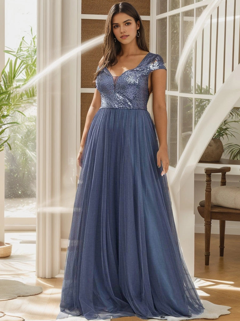 Glamorous A‑Line Off‑The‑Shoulder Cap‑Sleeve V‑Back Floor‑Length Plus Size Prom Dress
