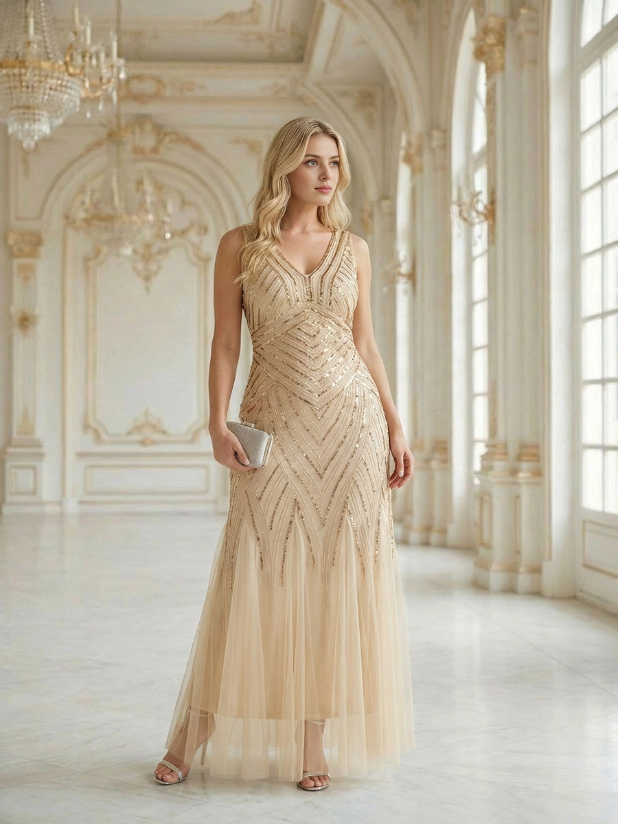 Roselledress Dusty Blue Mermaid V Neck Sleeveless Deep V Back Floor Length Plus Size Wedding Guest Dress