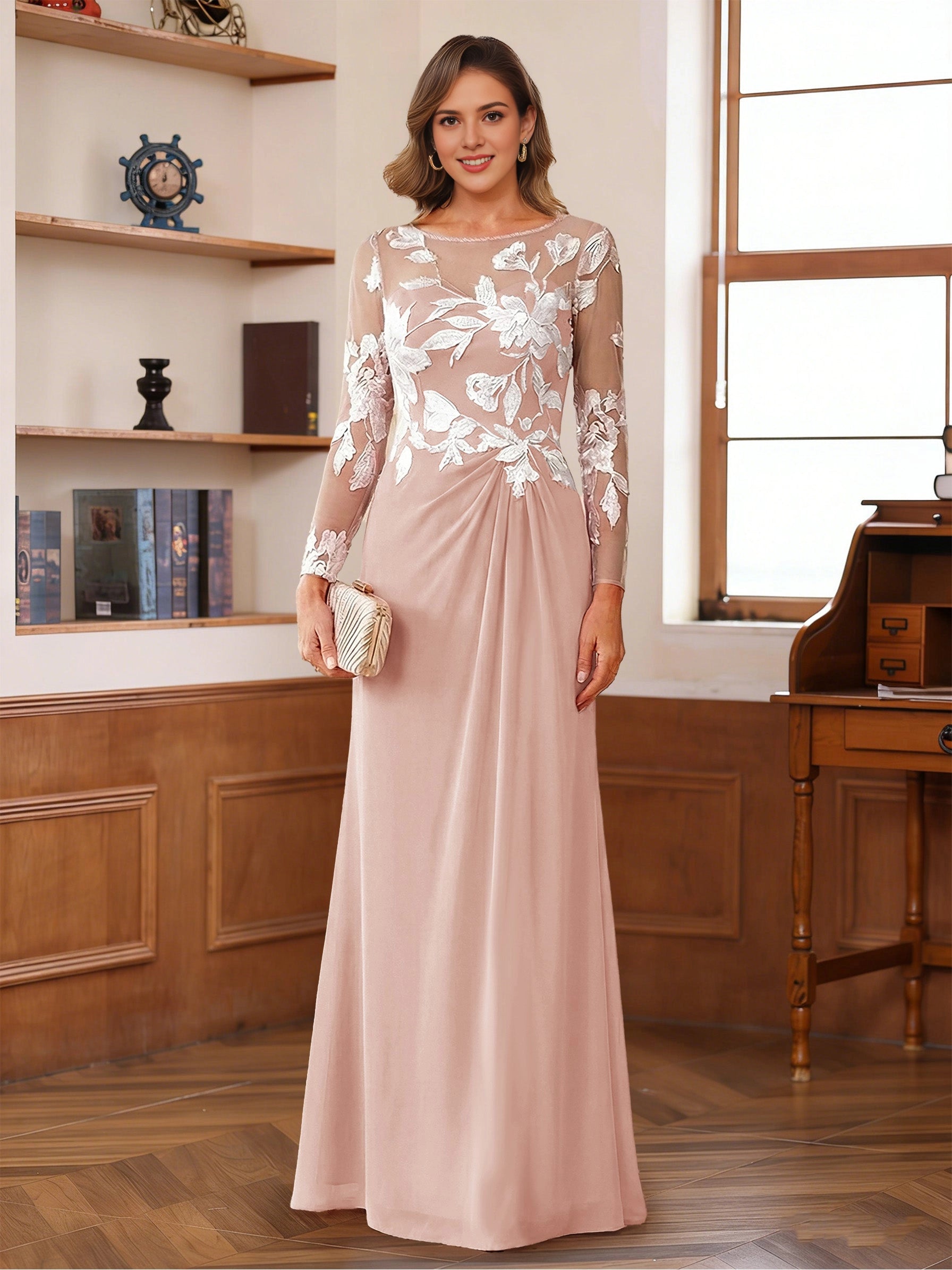 Roselledress dusty pink plus size round neck white floral lace mother dress long sleeve floor length formal gown