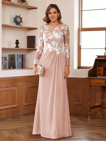 Roselledress dusty pink plus size round neck white floral lace mother dress long sleeve floor length formal gown