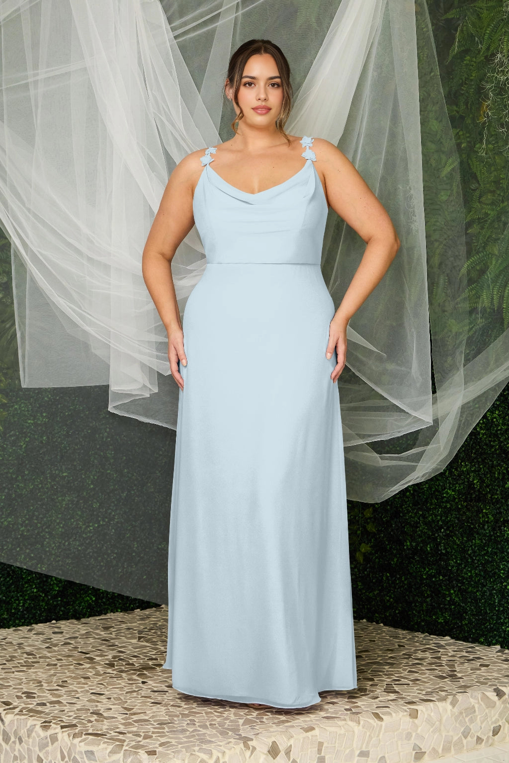 Elegant Plus Size A-Line Cowl Neck Floral Strap V-Back Maxi Bridesmaid Dress
