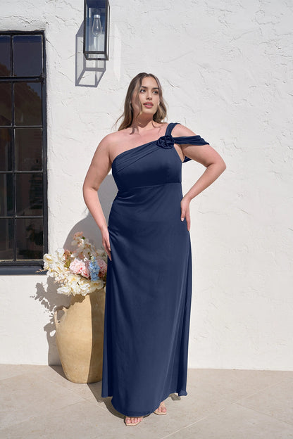 Elegant Sheath One Shoulder Floral Detail Zipper Back Plus Size Maxi Bridesmaid Dress