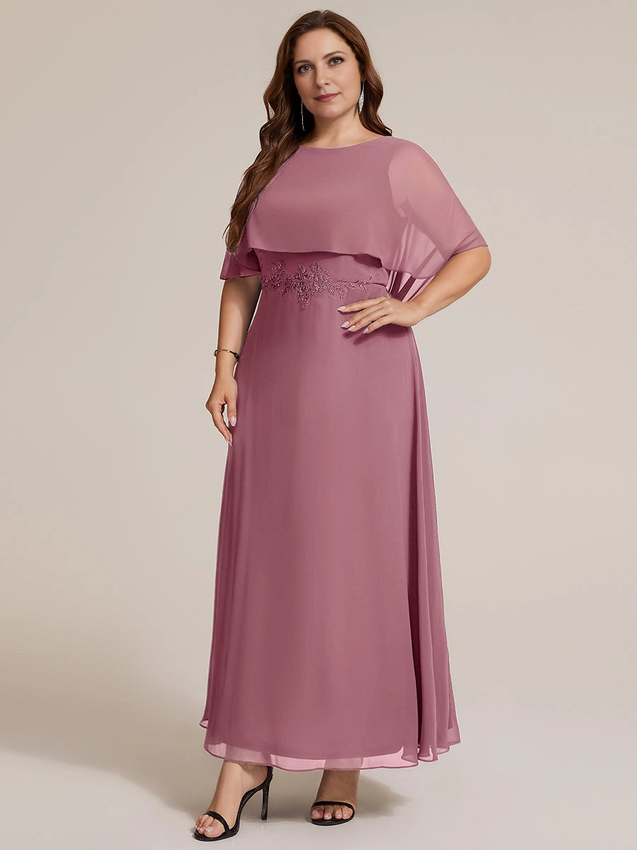 Elegant Plus Size A-Line Boat-Neck Cape-Sleeve Square-Back Maxi Mother of Bride Dress
