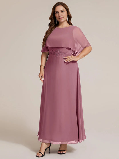 Elegant Plus Size A-Line Boat-Neck Cape-Sleeve Square-Back Maxi Mother of Bride Dress