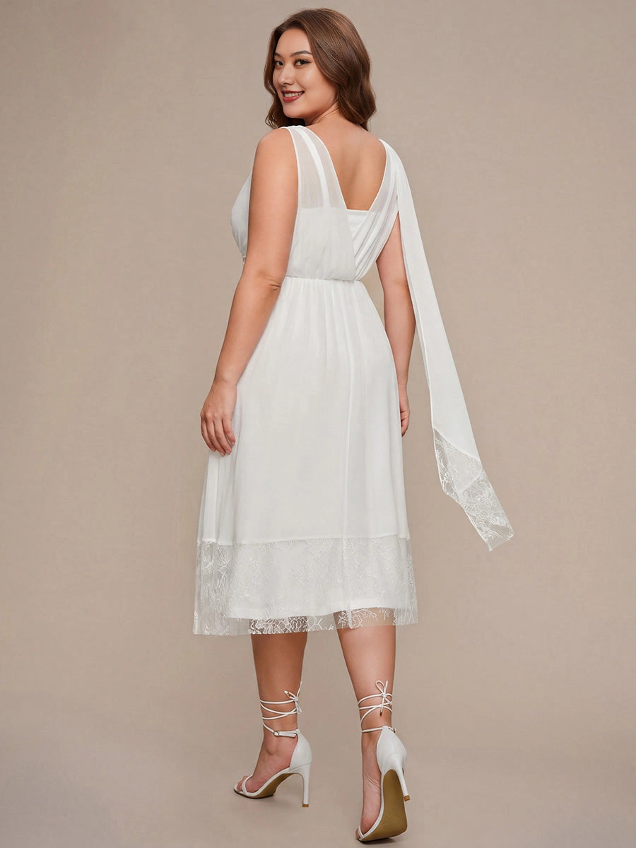 Elegant A-Line V-Neck Sleeveless Wrap Back Lace Hem Midi Plus Size Bridesmaid Dress