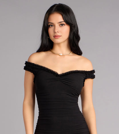 Roselledress Ruched Mermaid Off-Shoulder Short-Sleeve Zip-Back Plus Size Prom Dress