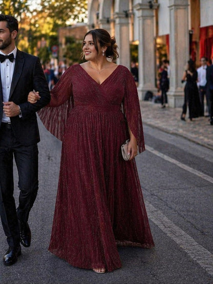 Roselledress Burgundy A Line V Neck Cape Sleeve Cutout Back Maxi Plus Size Wedding Guest Dress