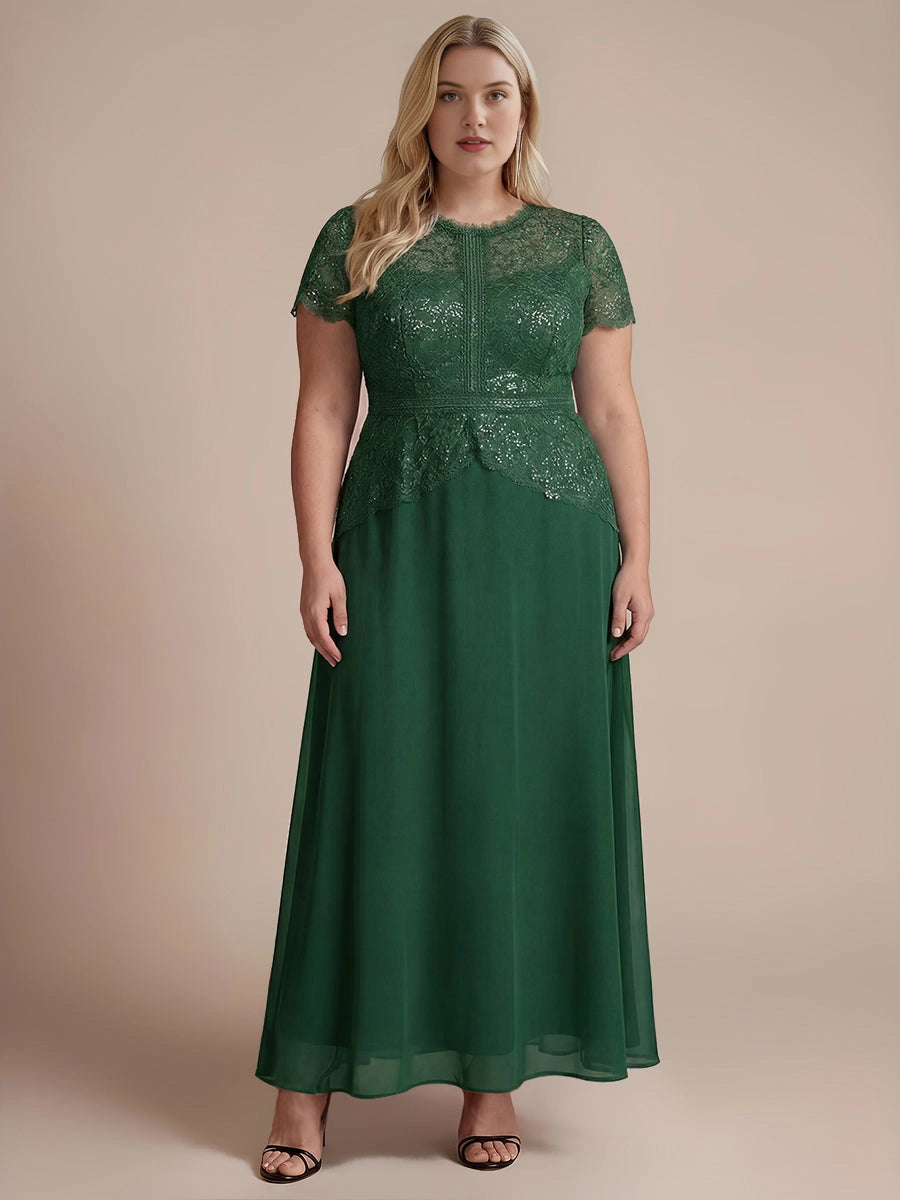 Plus Size Lace Bodice Short Sleeve Round Neck Long Mother of Bride Dress