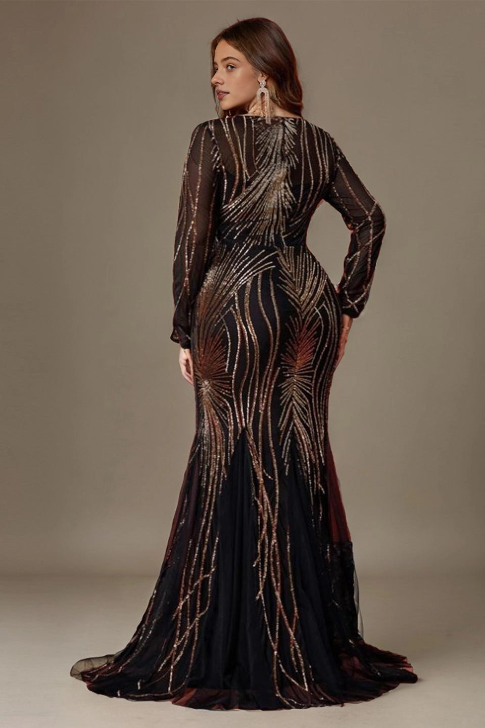 roselledress curvy Espresso mesh gold beaded gown deep v back full long sleeve mermaid wedding mother maxi dress with train