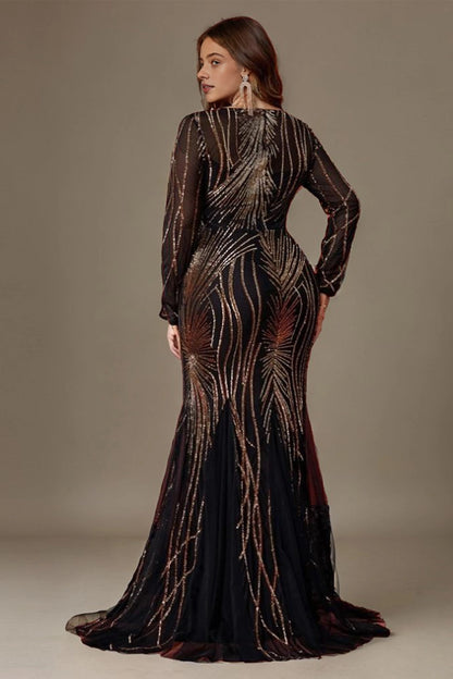roselledress curvy Espresso mesh gold beaded gown deep v back full long sleeve mermaid wedding mother maxi dress with train