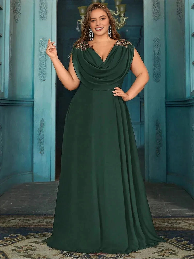 Elegant A‑Line Cowl‑Neck Cap‑Sleeve Cowl‑Back Floor‑Length Plus Size Mother Of The Bride Dress