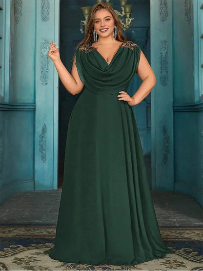 Elegant A‑Line Cowl‑Neck Cap‑Sleeve Cowl‑Back Floor‑Length Plus Size Mother Of The Bride Dress