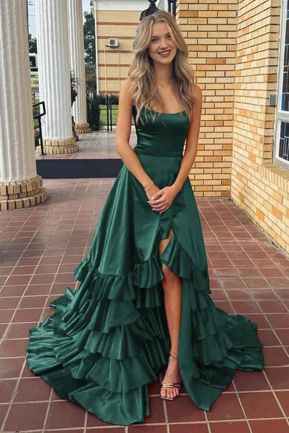Roselledress Plus Size Satin Tiered Spaghetti Strap Crisscross Back Long Prom Dress