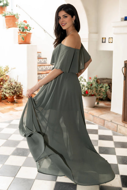 back view roselledress sage green boho chiffon dress open back off shoulder wedding maxi gown