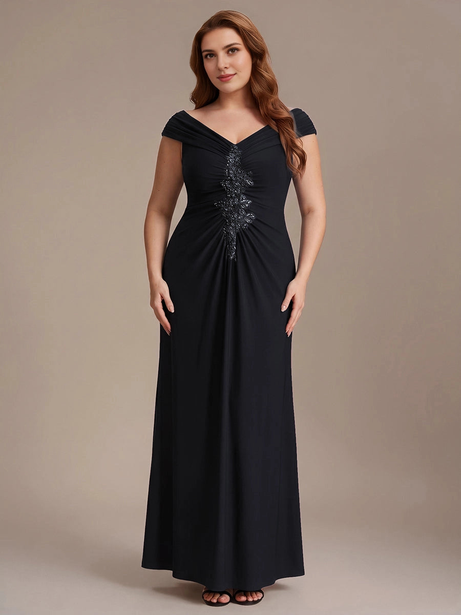 Roselledress Navy Ruched Mermaid Off Shoulder Short Sleeve Ruched Back Floor Length Plus Size Wedding Guest Dress 