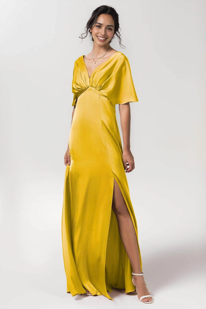 Elegant Plus Size Sheath V Neck Flutter Sleeve Bow Back Long Bridesmaid Dress