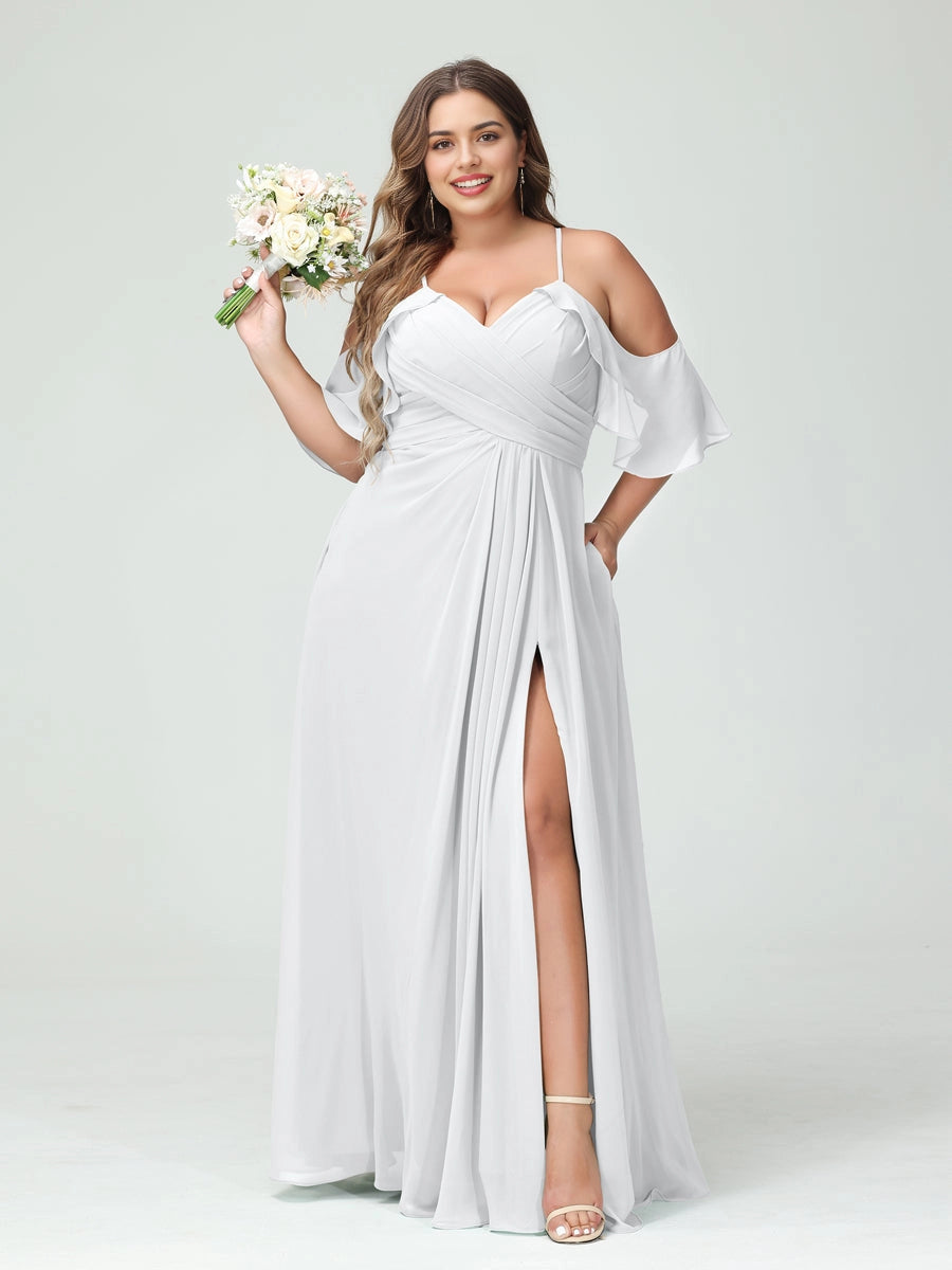 Romantic A‑Line V‑Neck Off Shoulder Keyhole Back Floor‑Length Sage Green Chiffon Slit Plus Size Mother Of The Bride Dress