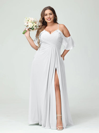 Romantic A‑Line V‑Neck Off Shoulder Keyhole Back Floor‑Length Sage Green Chiffon Slit Plus Size Bridesmaid dress