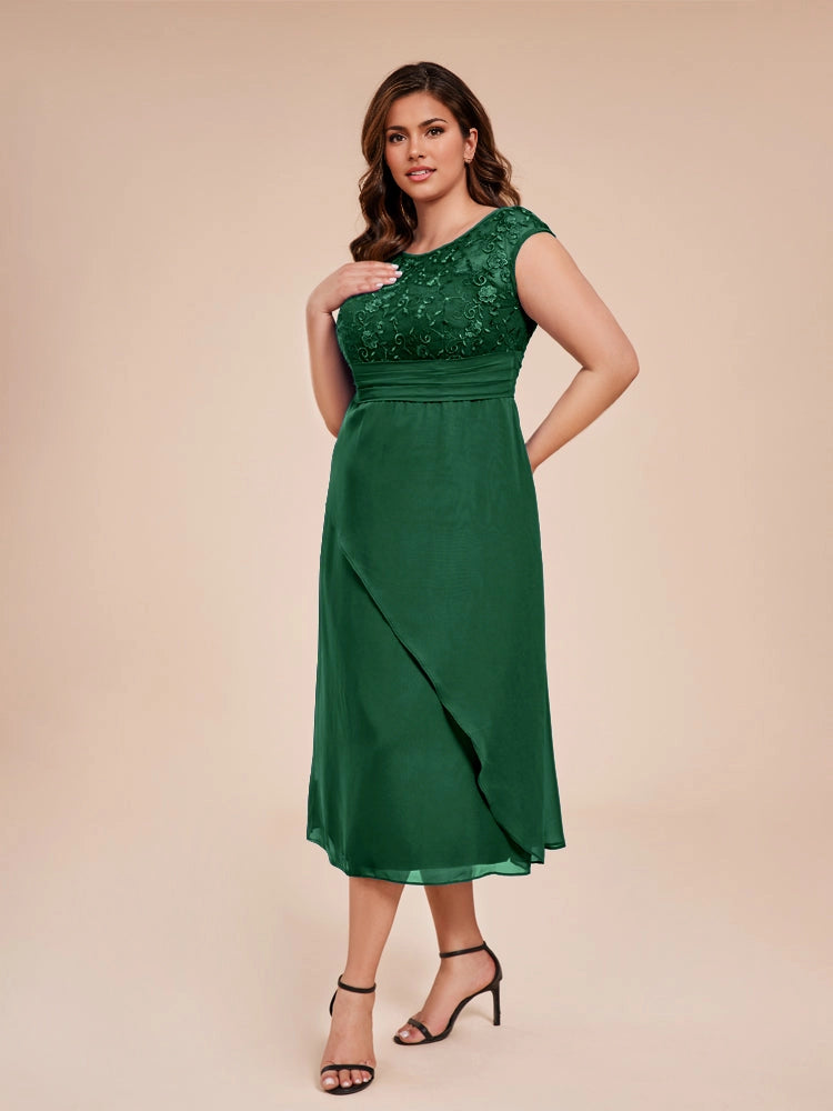 Charming A‑Line Bateau Neck Cap Sleeve V‑Back Midi Length Formal Plus Size Mother Of The Bride Dress