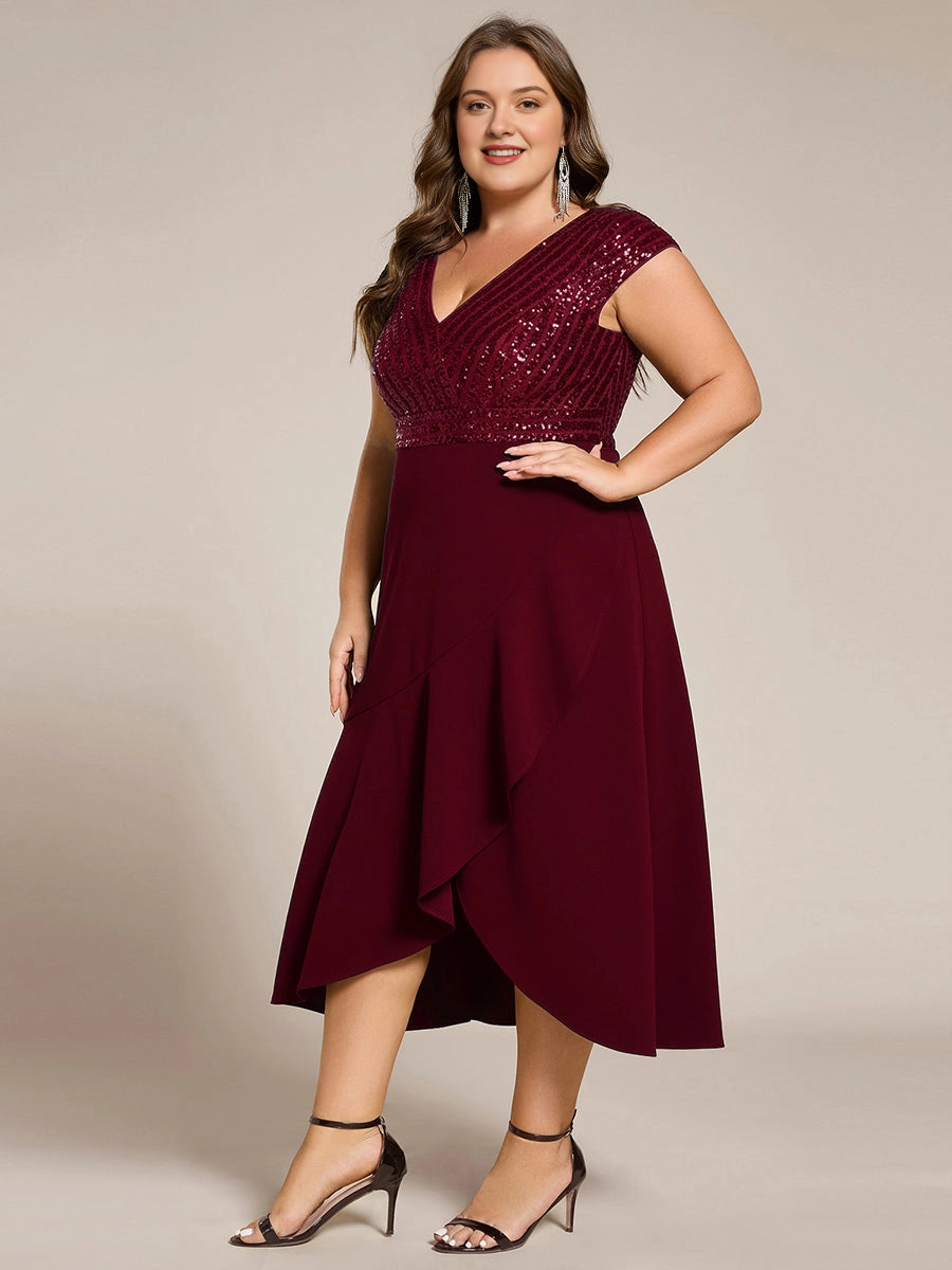Plus Size Sequin Bodice V-Neck Cap Sleeve Asymmetrical Mother of Bride Dress