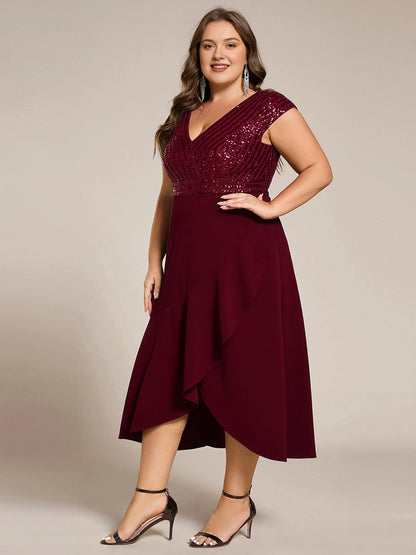 Plus Size Sequin Bodice V-Neck Cap Sleeve Asymmetrical Mother of Bride Dress