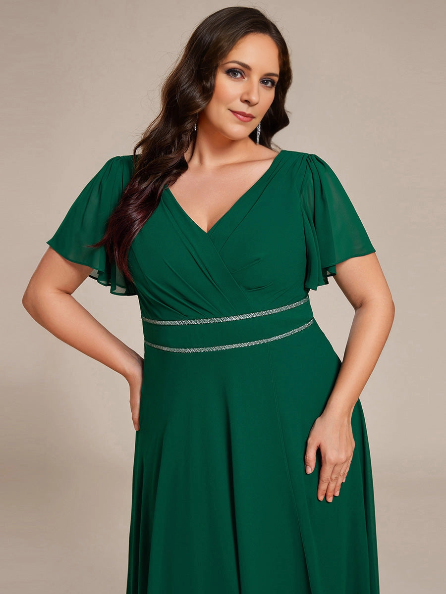Elegant Plus Size A-Line V-Neck Flutter-Sleeve V-Back Maxi Mother of Bride Dress