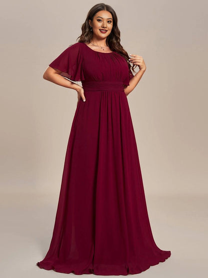 A-Line Round Neck Flutter Sleeve Back Zipper Floor Length Plus Size Floral Chiffon Wedding Guest Dress
