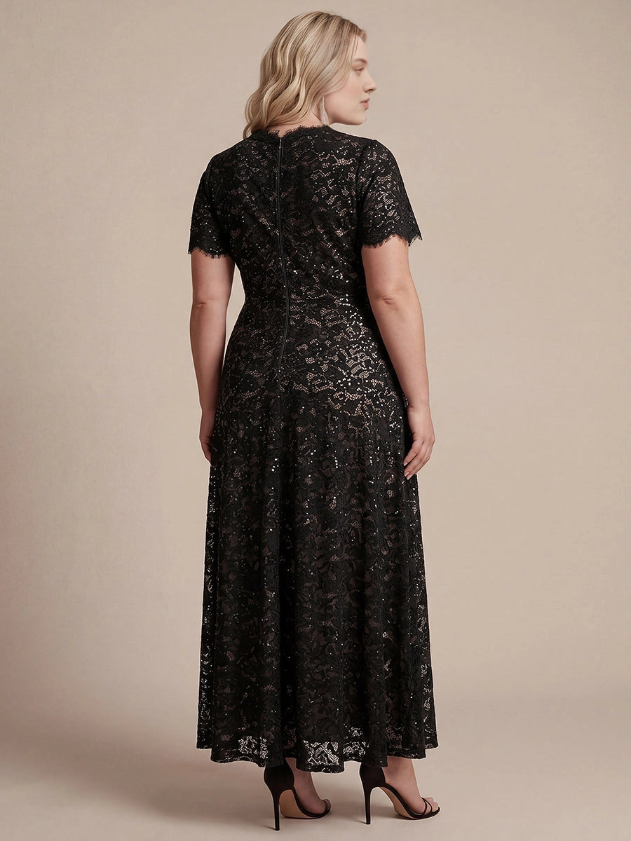 Plus Size Sequin Lace V-Neck Flutter Sleeve Long Mother of Bride Dress