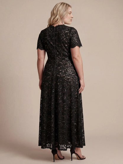 Plus Size Sequin Lace V-Neck Flutter Sleeve Long Mother of Bride Dress