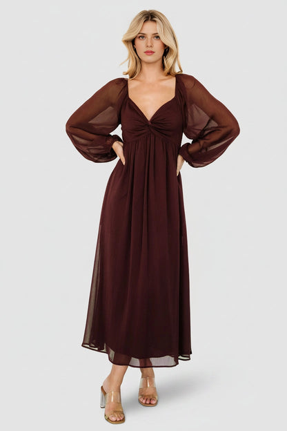 Flowy Midi V-Neck Twist Long Sleeve Smocked-Back Mother Of Bride Dress
